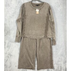 NWT Womens Casual Track Set L Top & Wide Leg Pants Brown Acid Wash Eyelet Detail